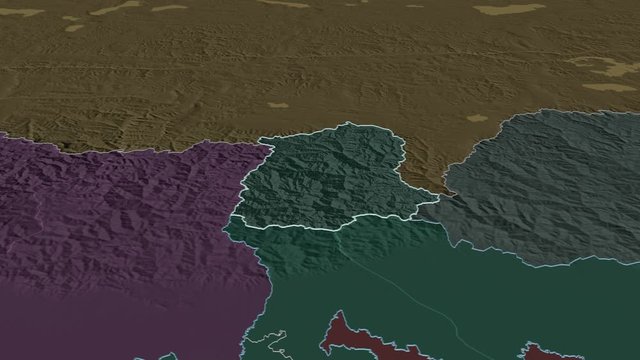 Sikkim, state with its capital, zoomed and extruded on the administrative map of India in the conformal Stereographic projection. Animation 3D