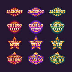 Collection of shining red, purple and green retro casino signs