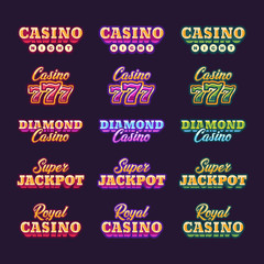 Collection of shining red, purple and green retro casino typography