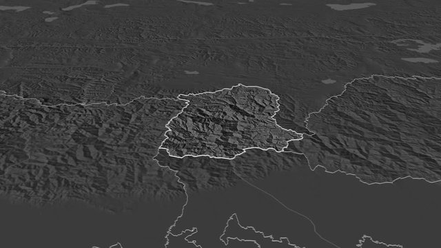 Sikkim, state with its capital, zoomed and extruded on the bilevel map of India in the conformal Stereographic projection. Animation 3D