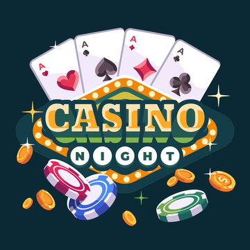 Casino night illustration with playing cards, poker chips and gold coins