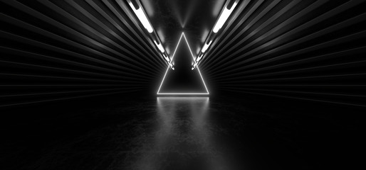 Dark corridor with bright colored neon lights on a black background. 3d rendering image.