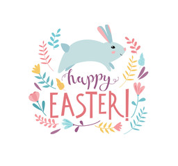 Fototapeta premium Happy Easter greeting card with cute bunny rabbit and spring flowers