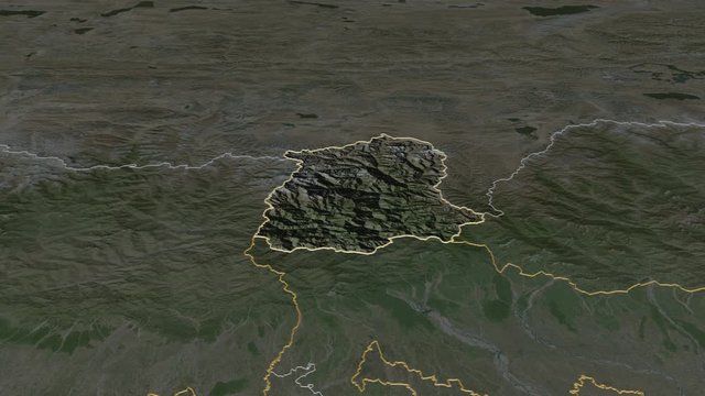Sikkim, state with its capital, zoomed and extruded on the satellite map of India in the conformal Stereographic projection. Animation 3D