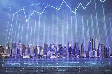 Forex chart on cityscape with skyscrapers wallpaper double exposure. Financial research concept.