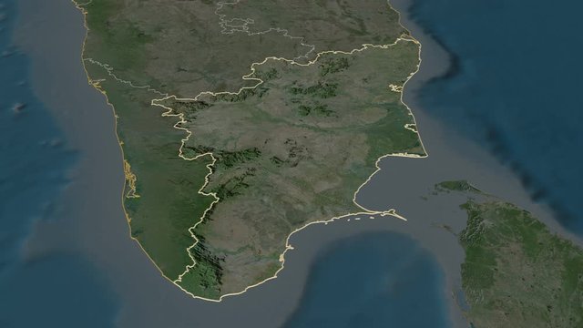 Tamil Nadu, state with its capital, zoomed and extruded on the satellite map of India in the conformal Stereographic projection. Animation 3D
