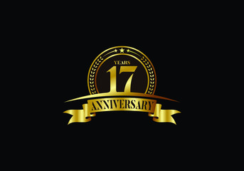 17th years anniversary logo template, vector design birthday celebration, Golden anniversary emblem with ribbon. Design for a booklet, leaflet, magazine, brochure, poster, web, invitation or greeting