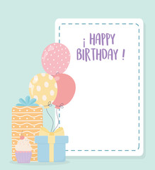 happy birthday sweet cupcake gifts and balloons celebration decoration card