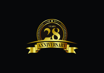28th years anniversary logo template, vector design birthday celebration, Golden anniversary emblem with ribbon. Design for a booklet, leaflet, magazine, brochure, poster, web, invitation or greeting