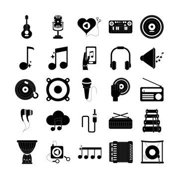 music melody sound audio icons set silhouette style icon
