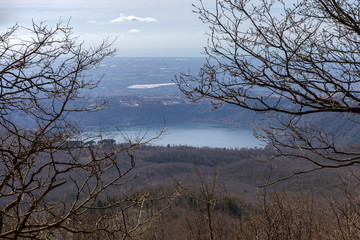 Panoramic view of Lake Nemi a few kilometers from the city of Rome, Italy.