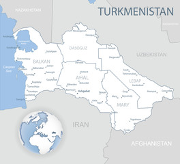 Blue-gray detailed map of Turkmenistan with administrative districts and location on the globe. Vector illustration