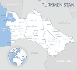 Fototapeta premium Blue-gray detailed map of Turkmenistan with administrative districts and location on the globe. Vector illustration