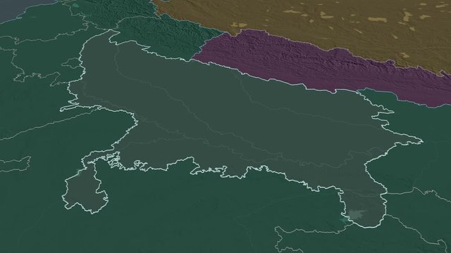 Uttar Pradesh, state with its capital, zoomed and extruded on the administrative map of India in the conformal Stereographic projection. Animation 3D