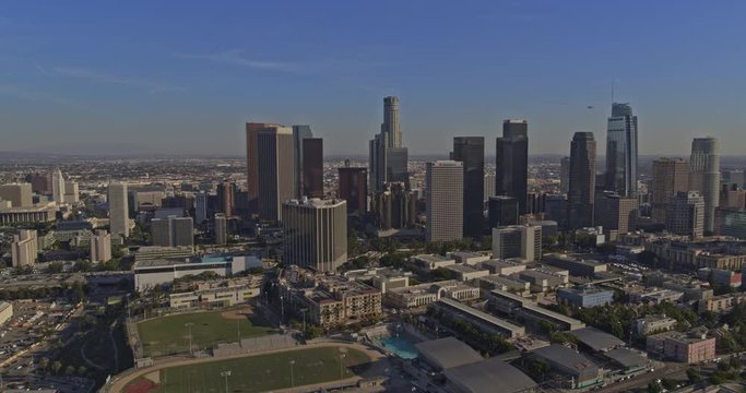 Los Angeles Aerial v137 Downtown skyline cityscape from overtop City West - October 2019