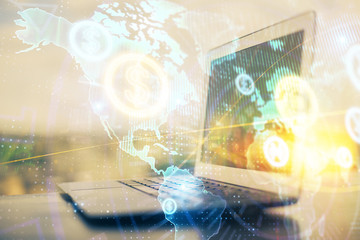 Forex Chart hologram on table with computer background. Double exposure. Concept of financial markets.