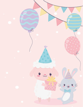 happy birthday sheep rabbit gift balloons celebration decoration card © Stockgiu