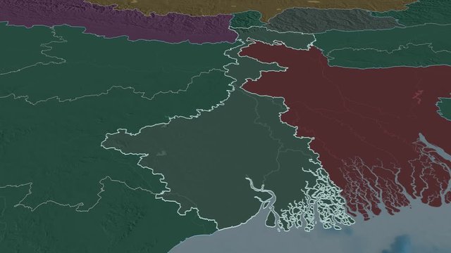 West Bengal, state with its capital, zoomed and extruded on the administrative map of India in the conformal Stereographic projection. Animation 3D
