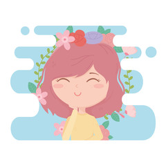 cute woman posing portrait flowers decoration cartoon