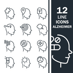 alzheimers disease neurological brain medical condition icons set line style icon
