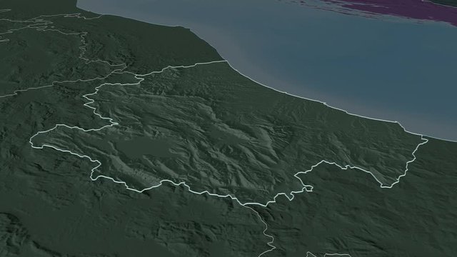 Abruzzo, region with its capital, zoomed and extruded on the administrative map of Italy in the conformal Stereographic projection. Animation 3D