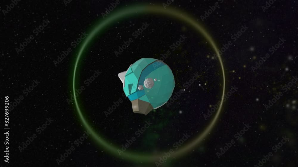 Poster alien planet concept. 3d low-poly animation of strange vivid planet rotating in illuminating ring in