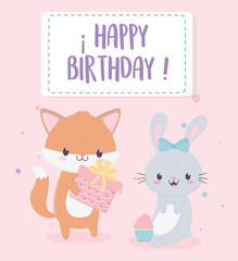 happy birthday fox and rabbit with gift and cupcake celebration decoration card