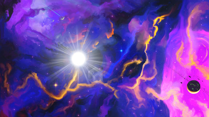 Artistic 3d rendering illustration of bright star in a multicolored nebula space