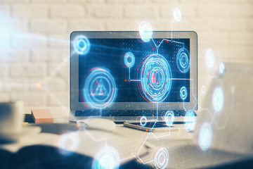 Multi exposure of desktop computer and technology theme hologram. Concept of software development.