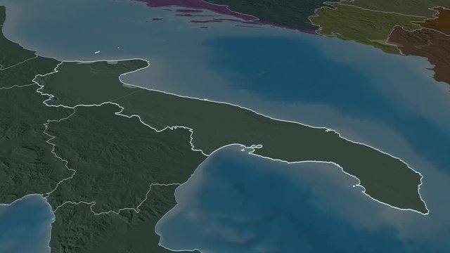 Apulia, region with its capital, zoomed and extruded on the administrative map of Italy in the conformal Stereographic projection. Animation 3D