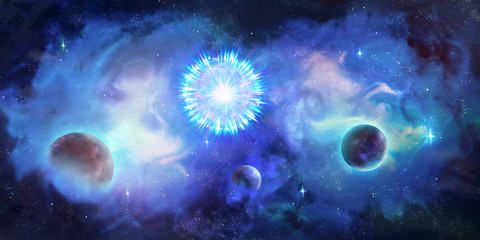 Artistic 3d illustration of a colorful galaxy with multiple planets and bright explosive stars