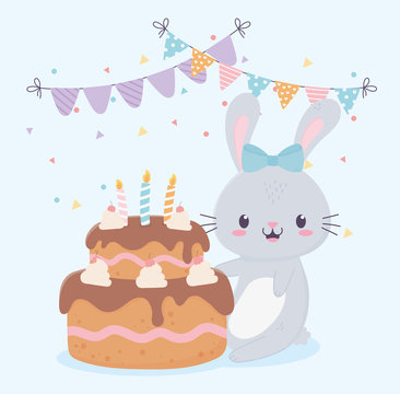 happy birthday cute rabbit cake with candles bunting celebration decoration card