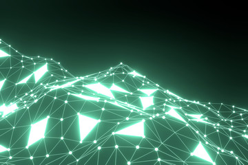 3d rendering illustration.Abstract technology connections . Background with structure connecting glow dots and lines.Big data digital.Computer network Science futuristic green color on black backdrop.