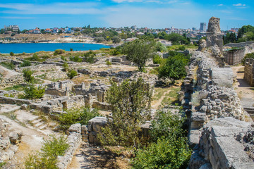 The ruins of an ancient city on the seashore, a view from the heights of Khersones