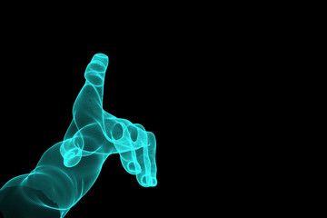 3d Rendering illustration of blue hand touching the future wireframe isolated on black background .Futuristic technology business concept.