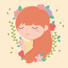 young woman hairred flowers foliage decoration cartoon