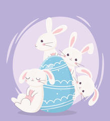 happy easter day, white rabbits decorative blue egg cartoon