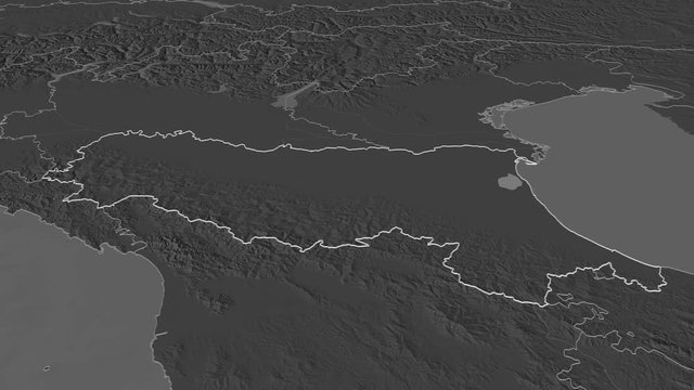 Emilia-Romagna, region with its capital, zoomed and extruded on the bilevel map of Italy in the conformal Stereographic projection. Animation 3D