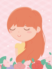 young woman portrait flowers cartoon pink background