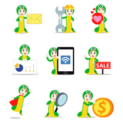 Set character of man wearing snake costume as wild animal.