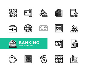 Banking vector line icons. Simple set of outline symbols, graphic design elements. Pixel Perfect