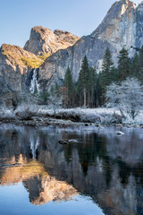 Beautiful view of Yosemite Winter Wonderland from the Valley with snow, Mountains and beautiful trees at Yosemite National Park, California, United States of America.