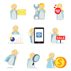 Set character of woman as snow princess wearing long blue coat.