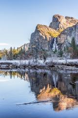 Beautiful view of Yosemite Winter Wonderland from the Valley with snow, Mountains and beautiful trees at Yosemite National Park, California, United States of America.