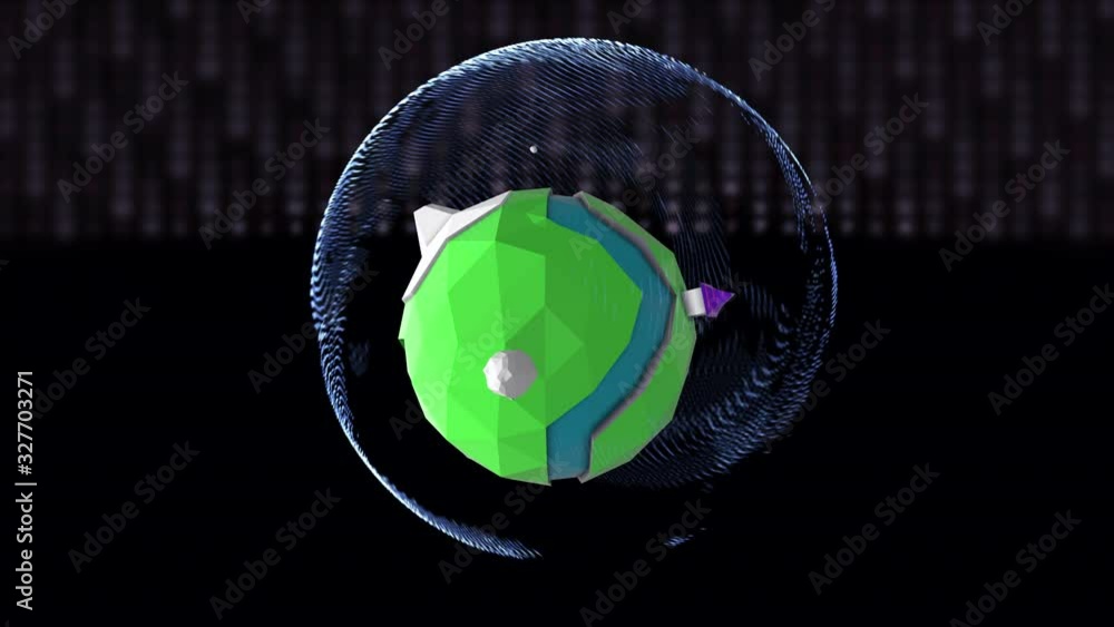 Poster low-poly cartoon planet floating over black background with rows of numbers going down.