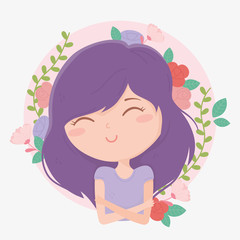 young woman purple hair flowers leaves decoration cartoon