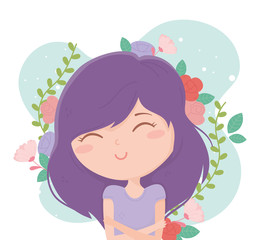 young woman with crossed arms flowers decoration cartoon