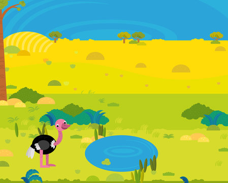cartoon africa safari scene with cute wild animal by the pond illustration