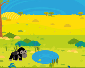 cartoon africa safari scene with cute wild animal by the pond illustration