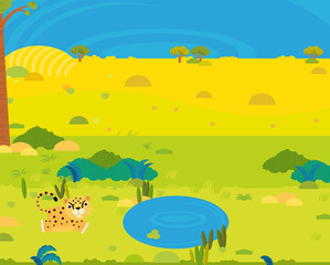 Obraz na płótnie Canvas cartoon africa safari scene with cute wild animal by the pond illustration